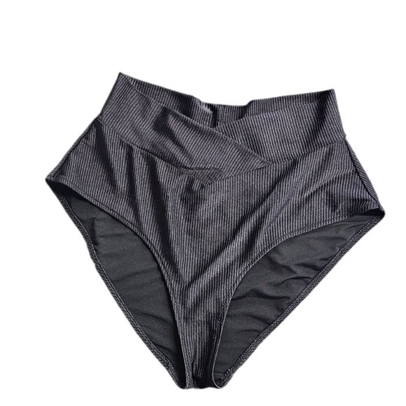 Aerie High Waisted Full Coverage Bikini Bottoms, Ribbed, Black, High Cut, Size L - Picture 1 of 6